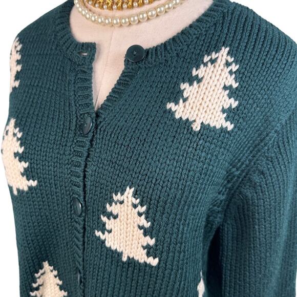 Vintage Talbots 100% wool pine tree cardigan sweater green white size medium M - Picture 2 of 7